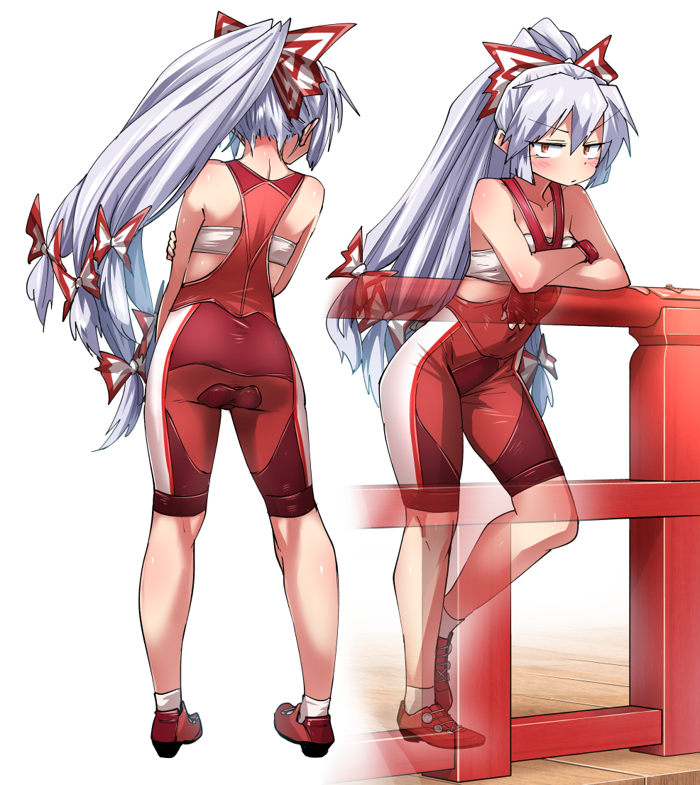 1girl adapted_costume bike_shorts blush bow chest_sarashi closed_mouth commentary_request crossed_arms fujiwara_no_mokou grey_hair hair_bow long_hair looking_at_viewer multiple_views ponytail red_eyes red_footwear sarashi shimizu_pem touhou v-shaped_eyebrows very_long_hair