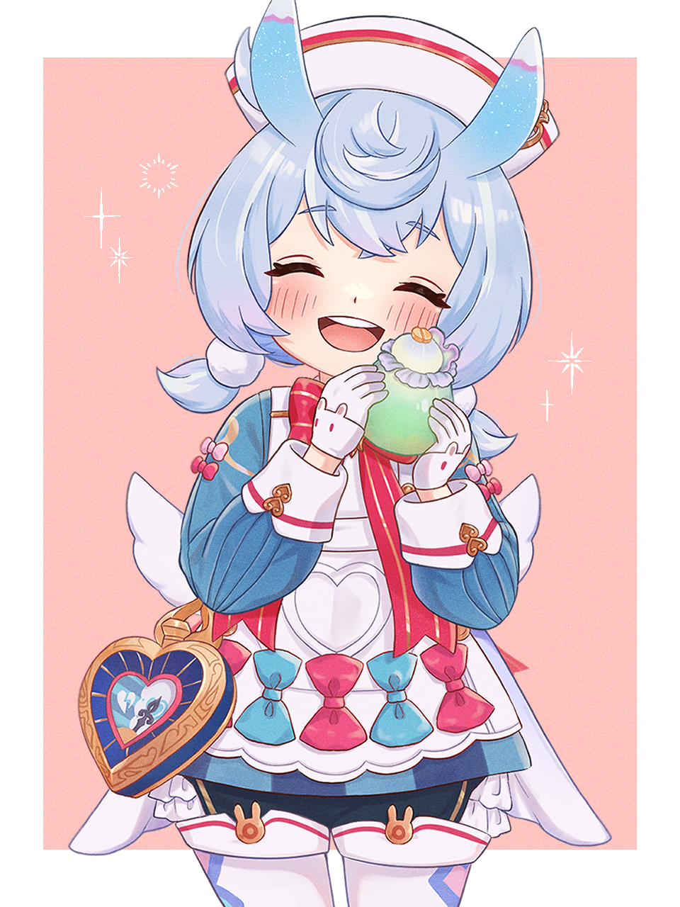 1girl ^_^ animal_ears apron aqua_bow blue_dress blue_hair blush bow bowtie closed_eyes crossed_bangs cup dress dress_bow fake_wings food frilled_apron frills genshin_impact gloves gold_trim hat head_tilt heart highres holding holding_cup ice_cream ice_cream_float long_sleeves low_twintails low_wings medium_hair nami_harakamiaka nurse_cap open_mouth outside_border pink_background pink_bow puffy_long_sleeves puffy_sleeves rabbit_ears red_bow red_bowtie short_twintails sigewinne_(genshin_impact) sleeve_cuffs smile sparks teeth thighhighs twintails two-tone_background upper_teeth_only white_apron white_background white_gloves white_thighhighs wings