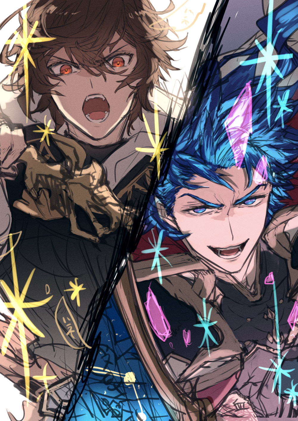 2boys ahoge alternate_hair_color angry armor blue_eyes blue_hair breastplate brown_hair commentary commentary_request crystal facing_viewer furrowed_brow granblue_fantasy grin hair_between_eyes highres holding holding_sword holding_weapon hood hood_down looking_at_viewer male_focus messy_hair multiple_boys red_eyes sandalphon_(granblue_fantasy) seofon_(granblue_fantasy) short_hair side-by-side sketch smile sparkle sword turtleneck unfinished waldtrad weapon