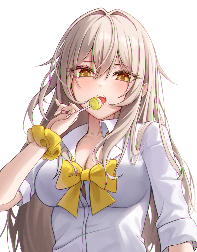 1girl breasts candy cleavage collarbone collared_shirt commentary food gyaru hair_between_eyes holding holding_candy holding_food holding_lollipop honkai:_star_rail honkai_(series) lollipop long_sleeves looking_at_viewer medium_breasts melt_(melt_out1) scrunchie shirt simple_background solo stelle_(honkai:_star_rail) teeth trailblazer_(honkai:_star_rail) upper_body upper_teeth_only white_background white_hair white_shirt wrist_scrunchie yellow_scrunchie