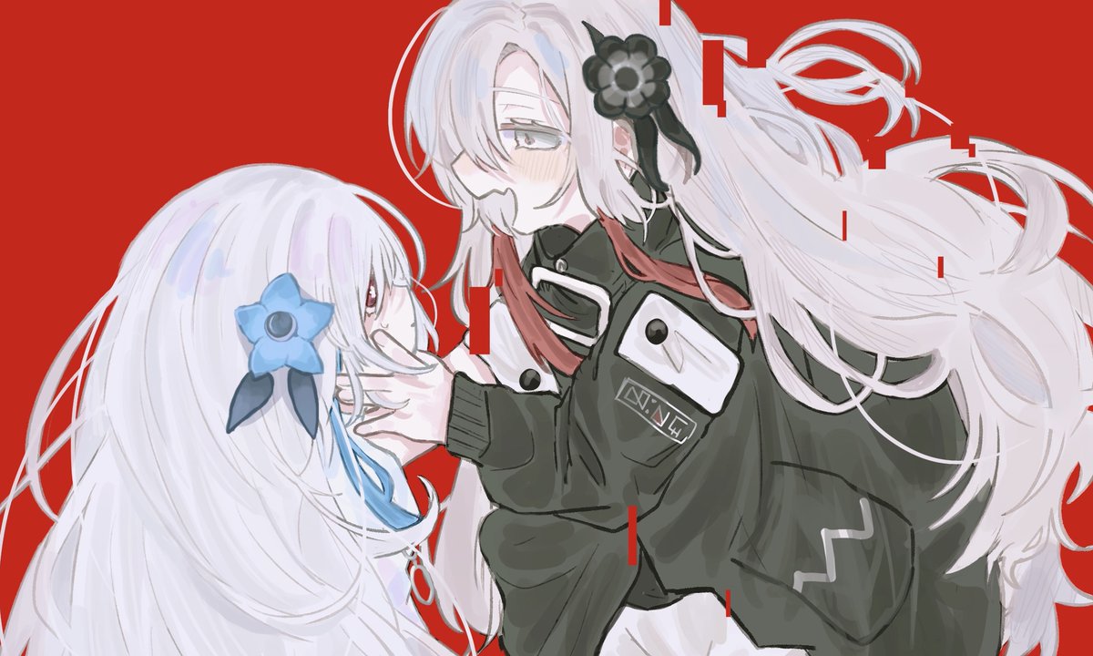 2girls black_coat black_flower blue_flower blue_hair blush coat dress dual_persona expressionless eye_contact faoru_ofuton flower glitch grey_eyes grey_hair hair_flower hair_ornament hair_over_one_eye hands_on_another's_cheeks hands_on_another's_face isekai_joucho kamitsubaki_studio long_hair looking_at_another multicolored_hair multiple_girls open_mouth red_background red_eyes red_hair simple_background smile two-tone_hair very_long_hair virtual_youtuber white_dress