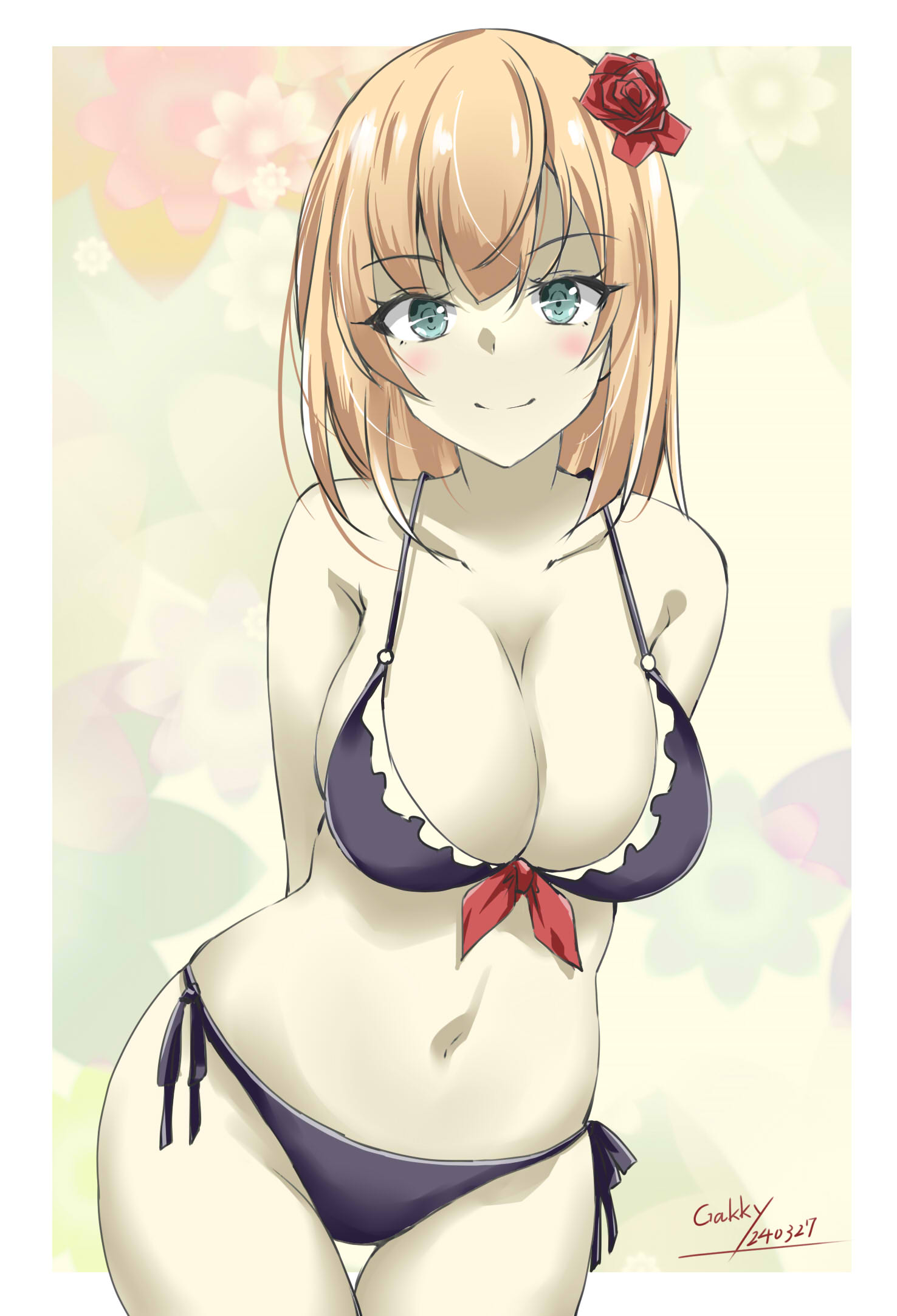 1girl arms_behind_back artist_name bikini black_bikini blonde_hair blue_eyes breasts cleavage cowboy_shot floral_background flower frilled_bikini frills gakky hair_flower hair_ornament highres kantai_collection large_breasts looking_at_viewer one-hour_drawing_challenge rodney_(kancolle) short_hair side-tie_bikini_bottom solo standing swimsuit thigh_gap