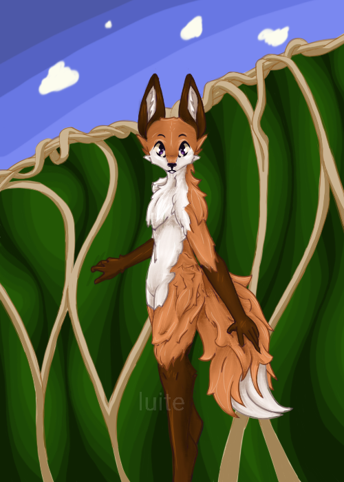 anthro canid canine cloud fox looking_at_viewer luite male mammal plant red_fox sky solo standing true_fox vines