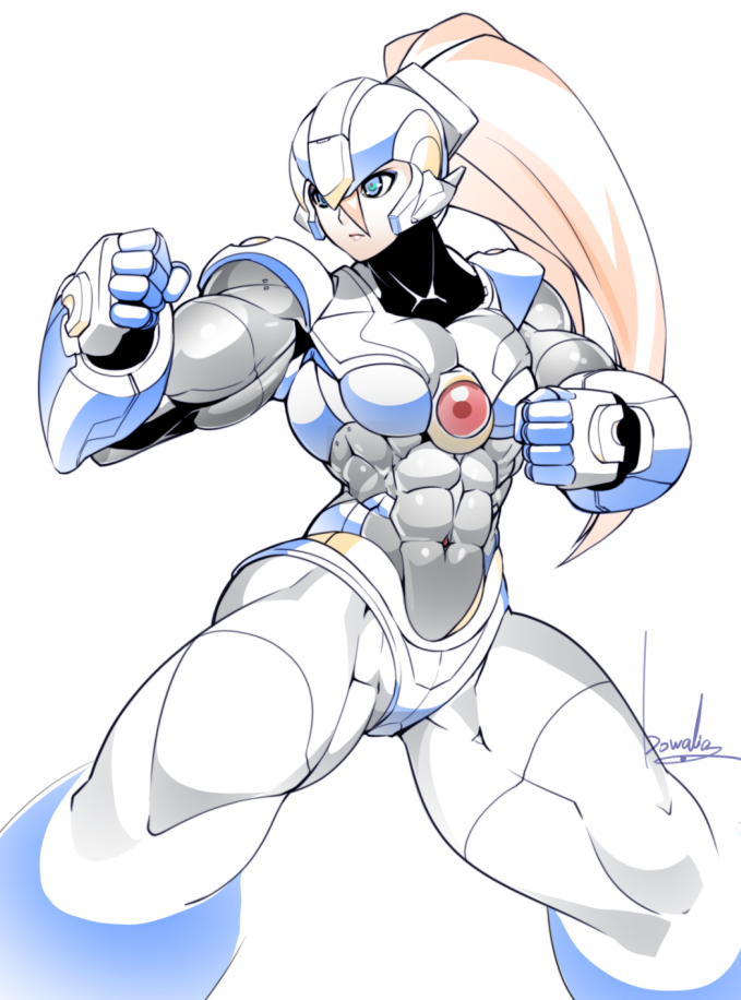 1girl abs black_bodysuit blue_eyes bodysuit bowalia gauntlets hair_between_eyes looking_to_the_side mega_man_(series) muscular muscular_female orange_hair ponytail robot_girl signature solo thick_thighs thighs white_background
