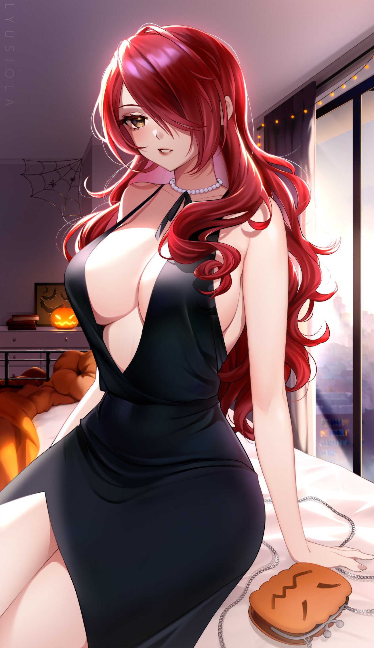 1girl artist_name bag black_dress black_ribbon book breasts brown_bag brown_eyes collarbone commission curtains dress eyelashes hair_over_one_eye handbag highres jack-o'-lantern jewelry kirijou_mitsuru large_breasts long_hair lyusiola necklace on_bed parted_lips pearl_necklace persona persona_3 plunging_neckline red_hair ribbon silk sitting solo spider_web