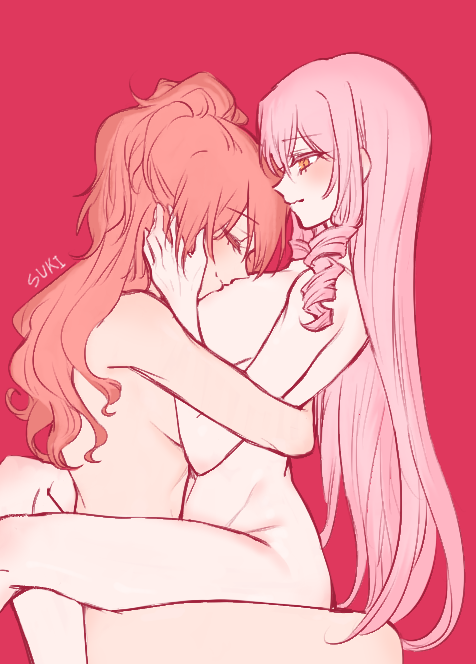 2girls aaaaddddd akuma_no_riddle blush breasts closed_eyes closed_mouth commentary_request completely_nude drill_hair hand_on_breasts hands_on_another's_face hug inukai_isuke large_breasts long_hair multiple_girls nude pink_hair ponytail red_background red_hair sagae_haruki simple_background sitting sitting_on_lap sitting_on_person yuri