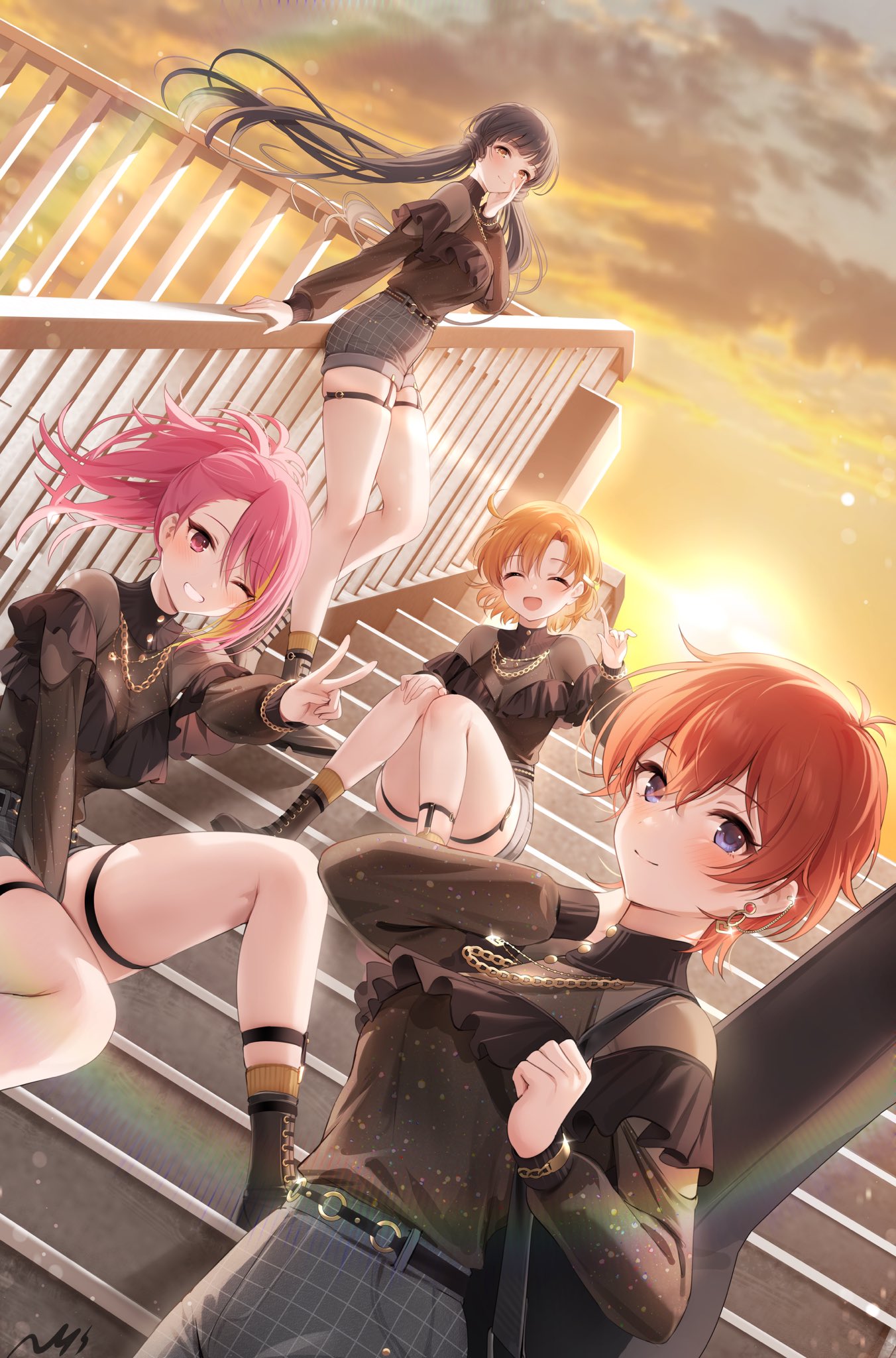 4girls against_railing ankle_boots black_footwear black_hair black_shirt blonde_hair blush boots breasts chain_necklace cleavage earrings floating_hair gigbag glint grid_print grin guitar_case highres idolmaster idolmaster_million_live! instrument_case jewelry julia_(idolmaster) kitakami_reika looking_at_viewer maihama_ayumu medium_breasts mole mole_under_mouth multicolored_hair multiple_girls necklace nys orange_hair outdoors pink_hair print_shorts railing see-through see-through_cleavage see-through_shirt shirt short_shorts shorts sitting sitting_on_stairs skindentation smile stairs streaked_hair sunset thigh_strap two-tone_hair v yabuki_kana