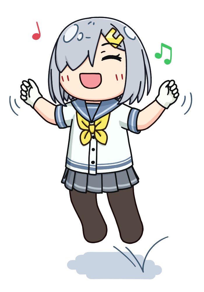 beamed_eighth_notes black_pantyhose blue_eyes closed_eyes commentary_request grey_hair grey_sailor_collar grey_skirt hair_ornament hair_over_one_eye hairclip hama!_(3toshinhmkz) hamakaze_(kancolle) jumping kantai_collection musical_note neckerchief no_nose pantyhose pleated_skirt quarter_note sailor_collar school_uniform serafuku short_hair simple_background skirt w_arms white_background yellow_neckerchief