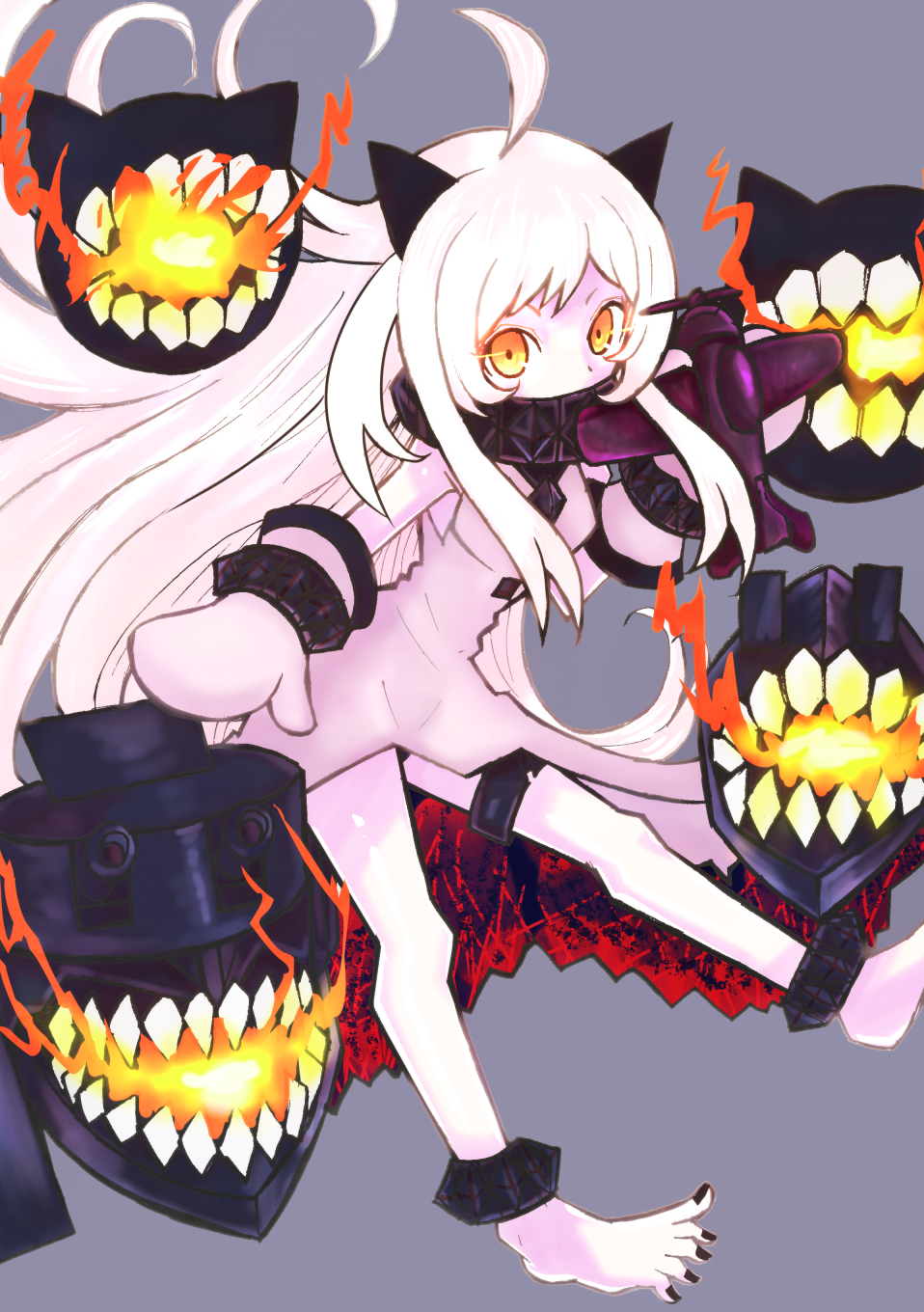 1girl abyssal_ship ahoge anklet barefoot black_horns black_nails black_panties breath_weapon breathing_fire colored_skin covered_mouth dress enemy_aircraft_(kancolle) feet fire floating_hair foot_out_of_frame grey_background highres holding holding_toy horns jewelry kantai_collection long_hair looking_at_viewer mittens nail_polish northern_ocean_princess outstretched_arm panties pantyshot sharp_teeth simple_background sleeveless sleeveless_dress solo t_ghoul_t teeth thigh_strap toenail_polish toenails toes toy toy_airplane turret underwear very_long_hair white_dress white_hair white_mittens white_skin yellow_eyes