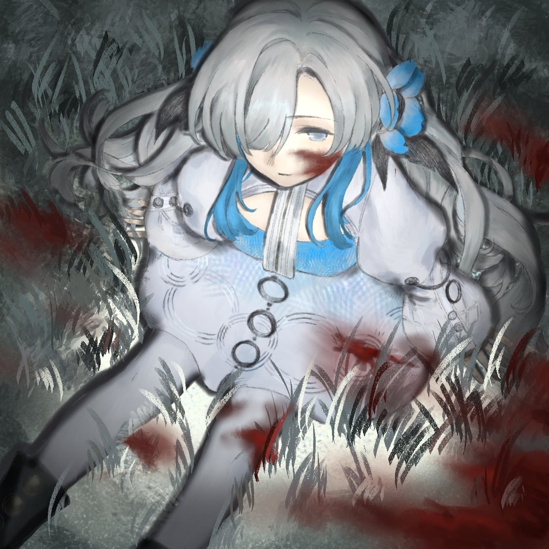 1girl blood blood_on_clothes blood_on_face blood_stain blue_dress blue_flower blue_hair dody31776243 dress expressionless flower grass grey_hair hair_flower hair_ornament hair_over_one_eye isekai_joucho kamitsubaki_studio multicolored_hair pantyhose sitting solo two-tone_dress two-tone_hair virtual_youtuber white_dress white_pantyhose