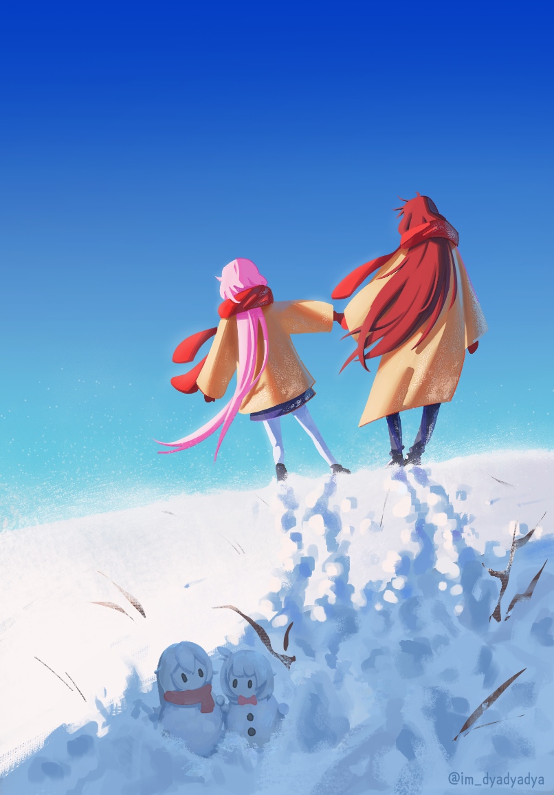 2girls black_footwear blue_pants blue_sky coat day dyadyadya eden_(honkai_impact) elysia_(honkai_impact) footprints from_behind holding_hands honkai_(series) honkai_impact_3rd long_hair long_sleeves multiple_girls outdoors pants pink_hair red_hair red_scarf scarf skirt sky snow snowing snowman standing twitter_username very_long_hair winter yellow_coat