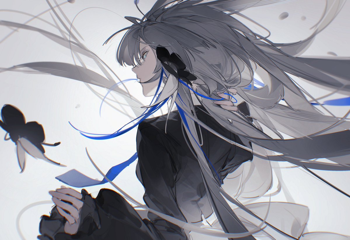 1girl black_flower black_shirt blue_hair creature facing_away familiar floating_hair flower from_behind grey_hair hair_flower hair_ornament isekai_joucho kamitsubaki_studio limited_palette looking_at_viewer multicolored_hair nyansky parted_lips shirt sleeves_past_wrists solo spot_color two-tone_hair upper_body virtual_youtuber white_background