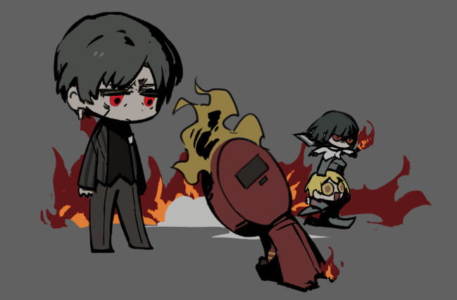 1boy 1other 2girls arson black_hair black_shirt chibi closed_mouth dante_(limbus_company) don_quixote_(project_moon) earrings fire grey_background grey_hair grey_jacket grey_pants jacket jewelry kneeling limbus_company multiple_girls official_art open_mouth pants project_moon red_eyes running ryoshu_(project_moon) seiza shirt short_hair simple_background sitting smile standing_on_another's_head vergilius_(project_moon)