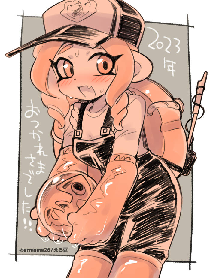 baseball_cap blush boots eromame fang gloves golden_egg hat octoling octoling_girl octoling_player_character open_mouth overalls rubber_boots rubber_gloves salmon_run_(splatoon) shirt skin_fang slime_(substance) smile splatoon_(series) splatoon_3 sweat swim_ring tentacle_hair