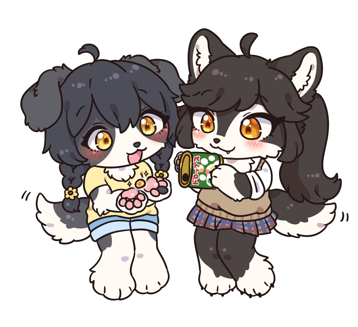 2girls ahoge animal_ears animal_feet animal_hands black_hair blue_shorts blush body_fur borrowed_character braid brown_sweater_vest chibi closed_mouth commentary_request dog_ears dog_girl dog_tail fang fang_out flower food_request full_body furry furry_female grey_fur hair_flower hair_ornament hands_up holding long_hair looking_at_another multiple_girls open_mouth original pleated_skirt rata_(norahasu) shirt short_sleeves shorts simple_background skirt snack standing sweater_vest t-shirt tail twin_braids white_background white_fur white_shirt yellow_eyes yellow_shirt