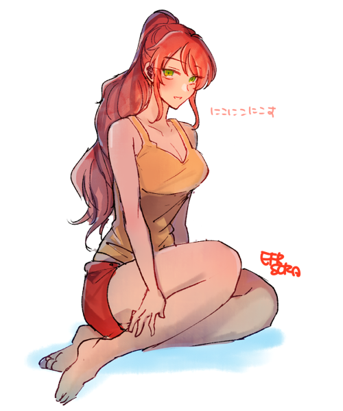 1girl :d barefoot breasts casual cleavage dolphin_shorts english_commentary full_body green_eyes large_breasts long_hair open_mouth ponytail pyrrha_nikos red_hair red_shorts rwby shirt shorts simple_background smile soles solo sora_(efr) very_long_hair white_background yellow_shirt