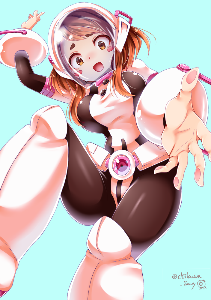 1girl artist_name belt blush_stickers bodysuit boku_no_hero_academia brown_eyes brown_hair chikuwa_savi helmet looking_at_viewer short_hair simple_background solo uraraka_ochako