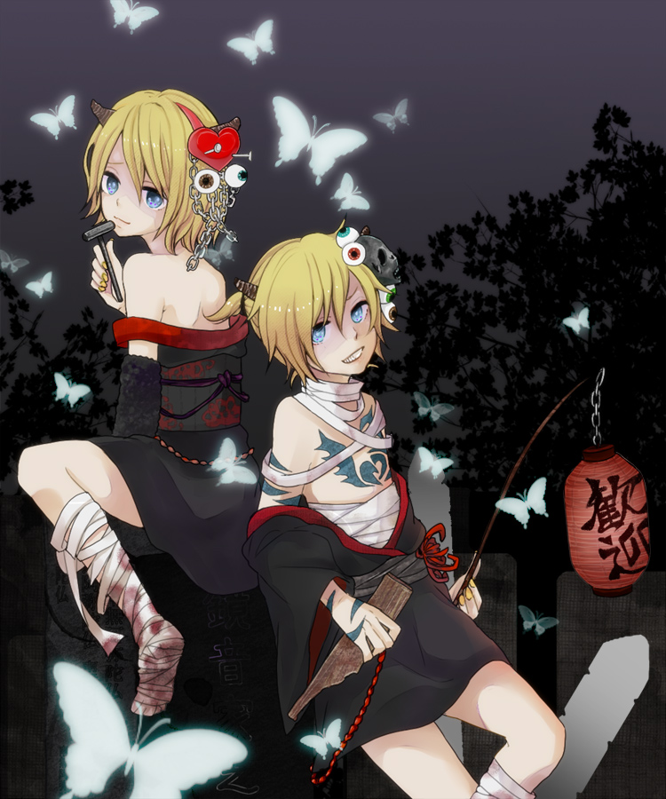 1girl bandages bare_shoulders blonde_hair blue_eyes brother_and_sister bug butterfly chain hakaokuri_no_uta_(vocaloid) horns ichigo15 insect japanese_clothes kagamine_len kagamine_rin lantern short_hair siblings smile tattoo twins vocaloid