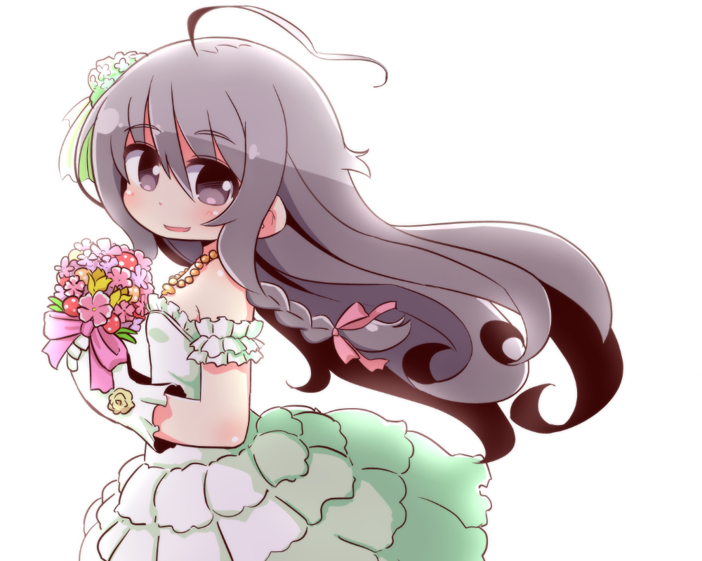 ahoge bangs bare_shoulders blush bouquet bow braid breasts brown_eyes brown_hair commentary_request dress eyebrows_visible_through_hair flower from_side gloves hair_between_eyes hair_bow hair_flower hair_ornament holding holding_bouquet hoshi_shouko idolmaster idolmaster_cinderella_girls jewelry long_hair looking_at_viewer looking_to_the_side naga_u necklace parted_lips pink_bow pink_flower side_braid simple_background single_braid small_breasts smile solo strapless strapless_dress tulip very_long_hair white_background white_dress white_flower white_gloves yellow_flower yellow_tulip