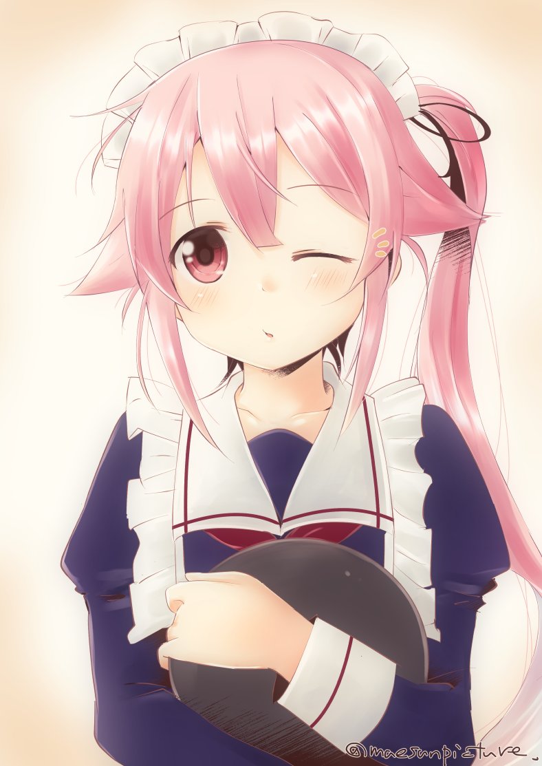 1girl alternate_costume artist_name blush commentary_request enmaided eyebrows_visible_through_hair hair_between_eyes hair_flaps hair_ribbon harusame_(kantai_collection) holding holding_tray kantai_collection looking_at_viewer mae_(maesanpicture) maid maid_headdress notice_lines one_eye_closed pink_hair red_eyes ribbon school_uniform serafuku side_ponytail simple_background solo tray