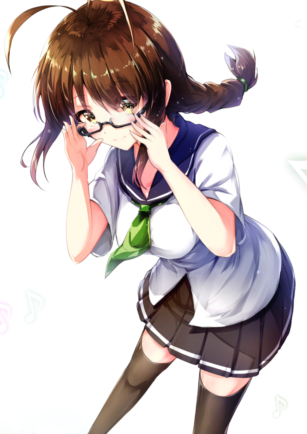 1girl ahoge akizuki_ritsuko black-framed_eyewear black_legwear black_skirt blue_sailor_collar braid brown_hair eyebrows_visible_through_hair glasses green_neckwear highres idolmaster idolmaster_(classic) leaning_forward long_hair miniskirt pleated_skirt rectangular_eyewear ro_risu sailor_collar shiny shiny_hair shirt short_sleeves sidelocks simple_background skirt smile solo standing thighhighs white_background white_shirt yellow_eyes zettai_ryouiki