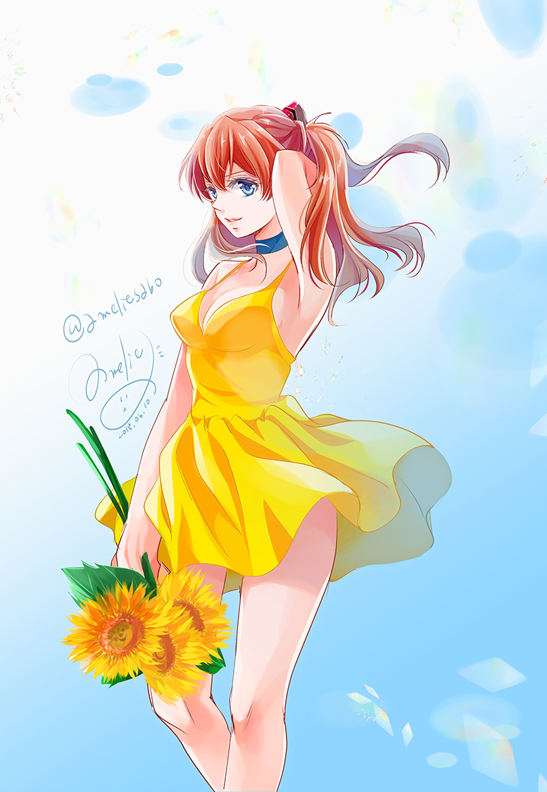 1girl amelie blue_background blue_eyes breasts brown_hair choker cleavage dress floating_hair flower gradient gradient_background hair_between_eyes hand_behind_head holding holding_flower long_hair medium_breasts neon_genesis_evangelion parted_lips shiny shiny_hair short_dress signature sleeveless sleeveless_dress smile solo soryu_asuka_langley standing sunflower twitter_username yellow_dress yellow_flower
