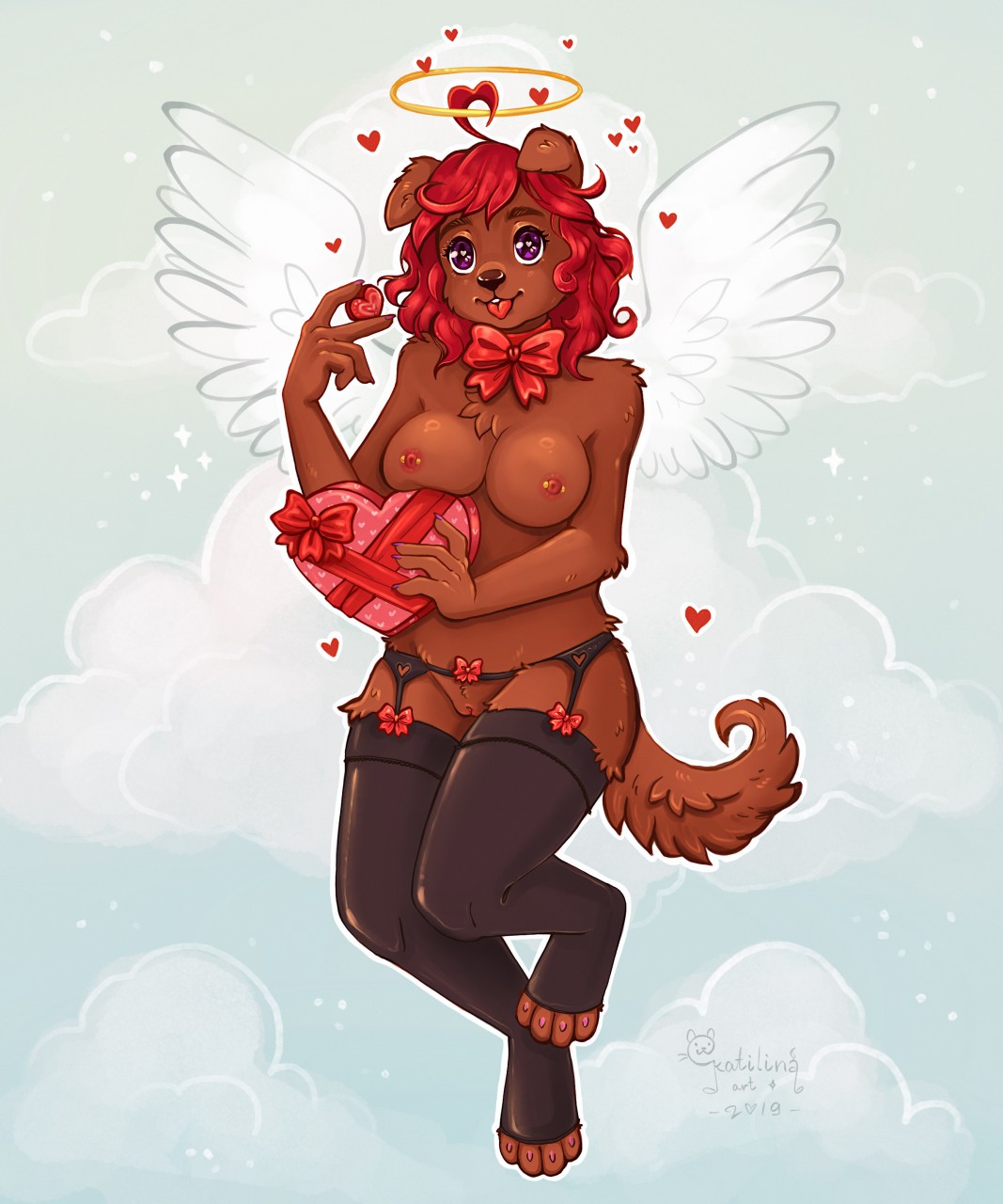 &lt;3 angel breasts canid canine canis clothing cloud domestic_dog female holidays katilina_(artist) legwear mammal sky solo stockings valentine's_day