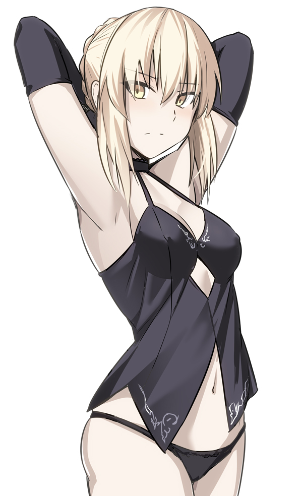 1girl arm_behind_head armpits artoria_pendragon_(all) black_gloves black_panties braided_bun breasts cleavage cowboy_shot elbow_gloves erect_nipples eyebrows_visible_through_hair fate/stay_night fate_(series) frown gloves hair_between_eyes looking_at_viewer midriff navel panties saber_alter shiseki_hirame short_hair_with_long_locks sideboob sidelocks silver_hair simple_background small_breasts solo standing stomach underwear white_background yellow_eyes