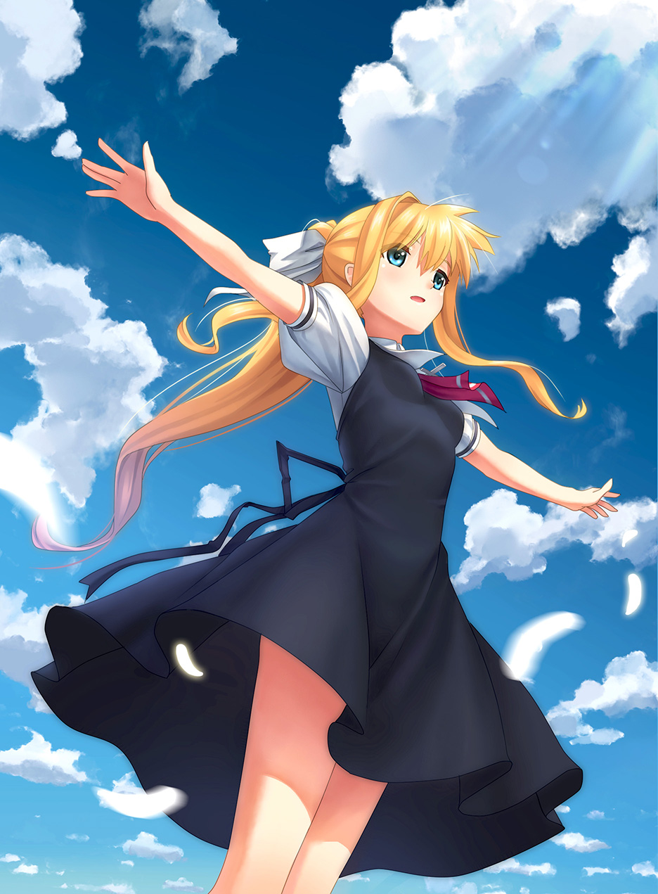 1girl air ascot black_dress black_ribbon blonde_hair blue_eyes blue_sky bow breasts cloud dress dutch_angle eyebrows_visible_through_hair floating_hair from_below guang_yiren hair_between_eyes hair_bow highres kamio_misuzu long_hair open_mouth outdoors outstretched_arms pinafore_dress ponytail red_neckwear ribbon shirt short_dress short_sleeves sky sleeveless sleeveless_dress small_breasts solo standing sunlight very_long_hair white_bow white_feathers white_shirt