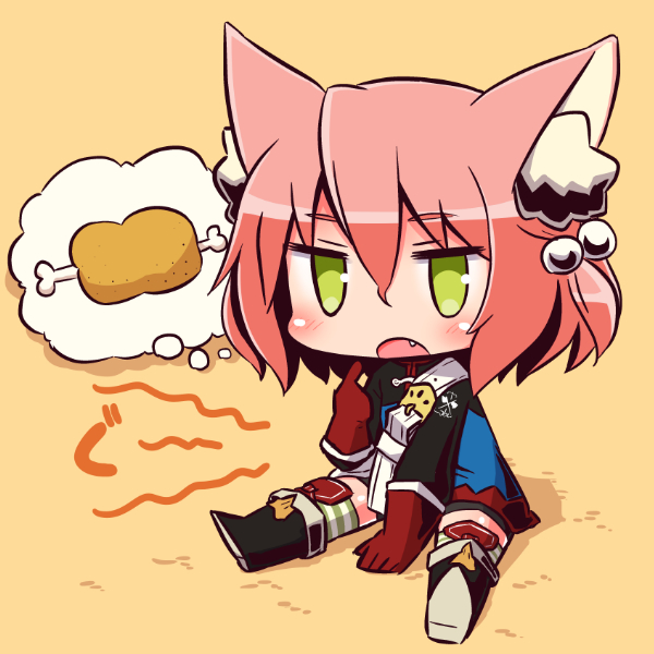 1girl 7th_dragon 7th_dragon_(series) :o animal_ear_fluff animal_ears bangs belt belt_buckle between_legs black_footwear blue_jacket blush boned_meat boots buckle cat_ears chibi commentary_request eyebrows_visible_through_hair fang food full_body gloves green_eyes hair_between_eyes hair_bobbles hair_ornament hand_between_legs harukara_(7th_dragon) jacket knee_boots long_sleeves meat naga_u one_side_up open_mouth orange_background pink_hair red_gloves shadow shoe_soles sitting solo striped striped_legwear thighhighs thighhighs_under_boots white_belt