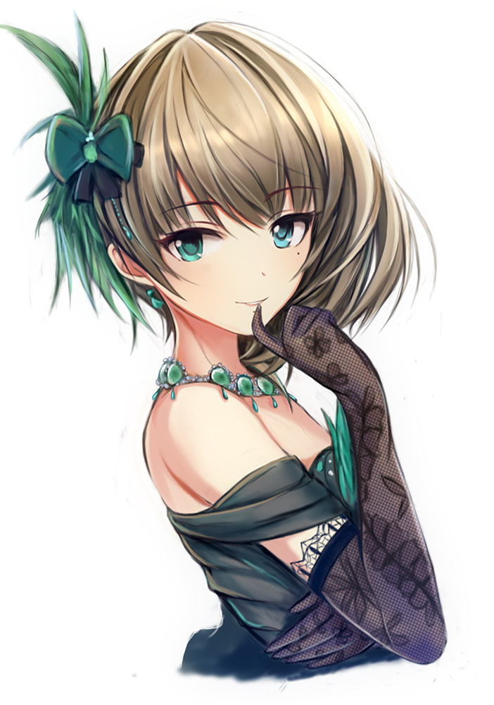 1girl alternate_hairstyle arm_across_chest arm_up blue_eyes bow dress earrings elbow_gloves eyebrows_visible_through_hair finger_to_mouth gloves green_bow green_dress green_eyes hair_between_eyes hair_ornament heterochromia idolmaster idolmaster_cinderella_girls jewelry lace lace-trimmed_gloves lace_gloves light_brown_hair looking_at_viewer mole mole_under_eye nannacy7 necklace off_shoulder sidelocks simple_background smile solo solo_focus strapless strapless_dress takagaki_kaede white_background