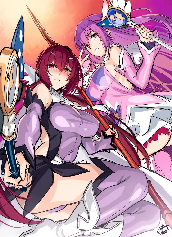 2girls backless_dress backless_outfit bangs bare_shoulders blush boots breasts closed_mouth detached_sleeves dress dual_persona fate/grand_order fate/kaleid_liner_prisma_illya fate_(series) feathers frown gae_bolg hair_feathers hair_intakes halterneck hips holding holding_wand kaleidostick large_breasts long_hair looking_at_viewer magical_ruby magical_sapphire multiple_girls okitakung pink_dress polearm purple_dress purple_footwear purple_hair red_eyes scathach_(fate)_(all) scathach_(fate/grand_order) scathach_skadi_(fate/grand_order) smile thigh_boots thighhighs thighs wand weapon