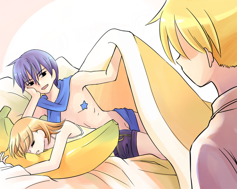 2boys bad_id bad_pixiv_id banana beckoning bed_invitation blonde_hair blue_scarf come_hither commentary english_commentary food fruit holding holding_food holding_fruit kagamine_len kagamine_rin kaito multiple_boys natsukijia on_banana pasties pillow pillow_hug purple_hair scarf sleeping under_covers vocaloid