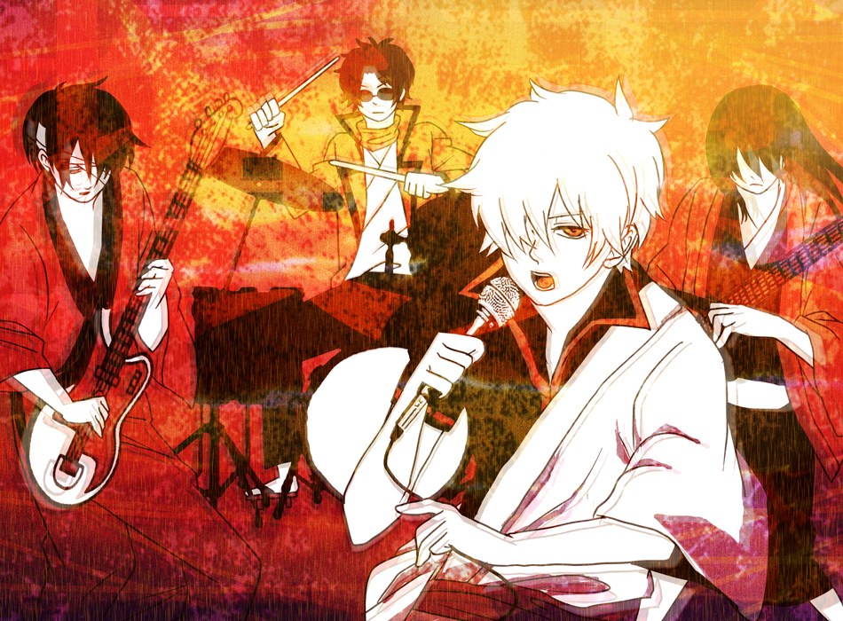 bad_id bad_pixiv_id black_hair deco_(geigeki_honey) eyepatch gintama glasses guitar instrument japanese_clothes joui katsura_kotarou kimono long_hair male_focus microphone multiple_boys sakamoto_tatsuma sakata_gintoki short_hair takasugi_shinsuke white_hair