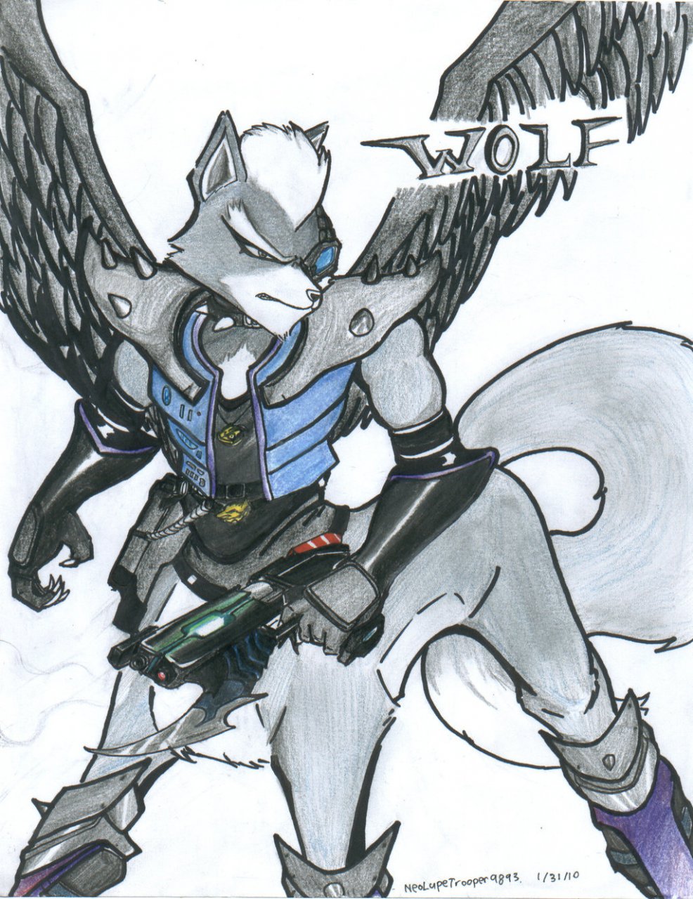 2010 bayonet bottomless canine canine_taur clothed clothing collar dragonheart07 feathered_wings feathers fluffy fluffy_tail fur grey_fur gun handgun knife mammal neolupetrooper9893 nintendo partially_clothed prothesis ranged_weapon simple_background standing star_fox taur video_games weapon white_background white_fur wings wolf wolf_o'donnell wolf_taur