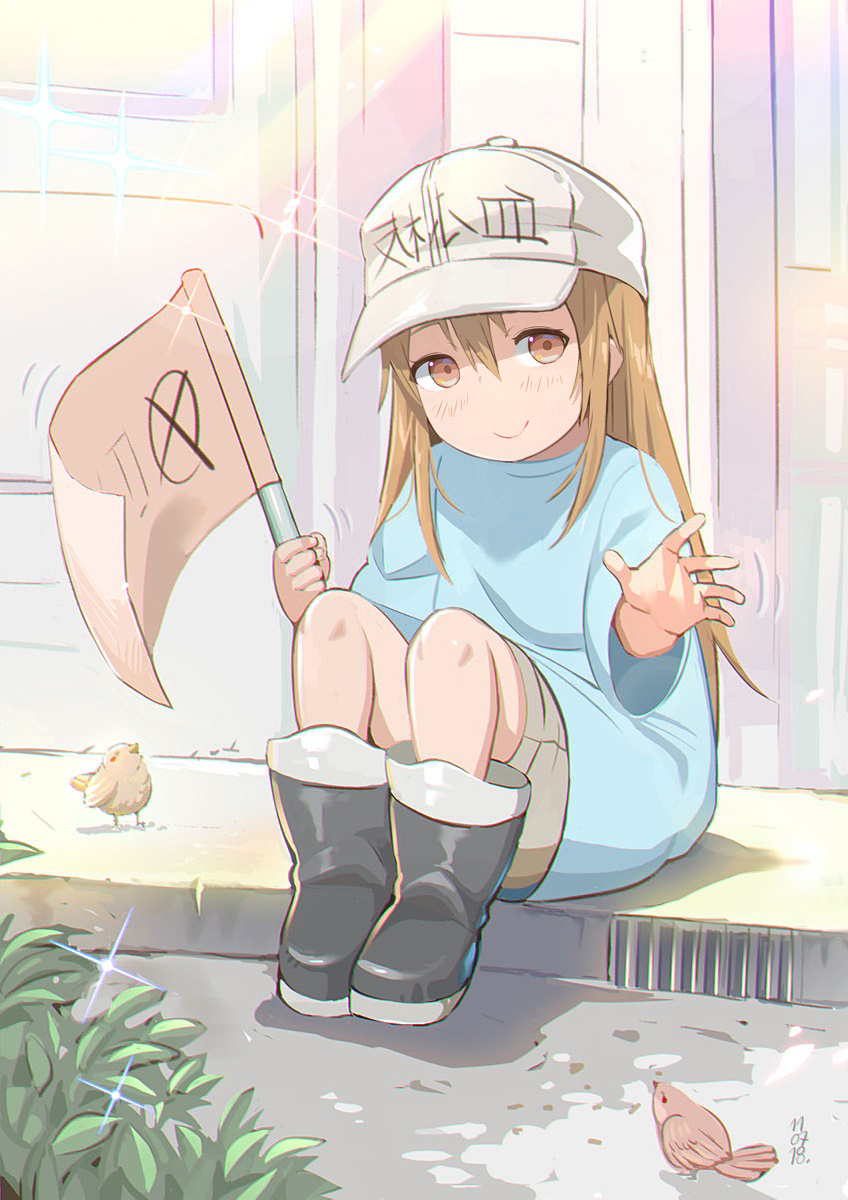 1girl aqua_shirt bird bird_request closed_mouth clothes_writing commentary hair_between_eyes hat hataraku_saibou highres holding knees_up light_blush light_brown_eyes light_brown_hair long_hair looking_at_viewer oversized_clothes oversized_shirt platelet_(hataraku_saibou) rangsiwut_sangwatsharakul shirt short_sleeves shorts sitting smile solo t-shirt up_sleeve white_hat