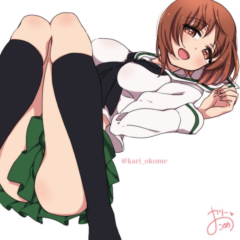 1girl bangs black_legwear black_neckwear blouse brown_eyes brown_hair commentary_request dutch_angle eyebrows_visible_through_hair girls_und_panzer green_skirt half-closed_eyes kari_okome kneehighs legs long_sleeves looking_at_viewer lying miniskirt neckerchief nishizumi_miho on_back ooarai_school_uniform open_mouth pleated_skirt school_uniform serafuku short_hair simple_background skindentation skirt smile solo twitter_username white_background white_blouse