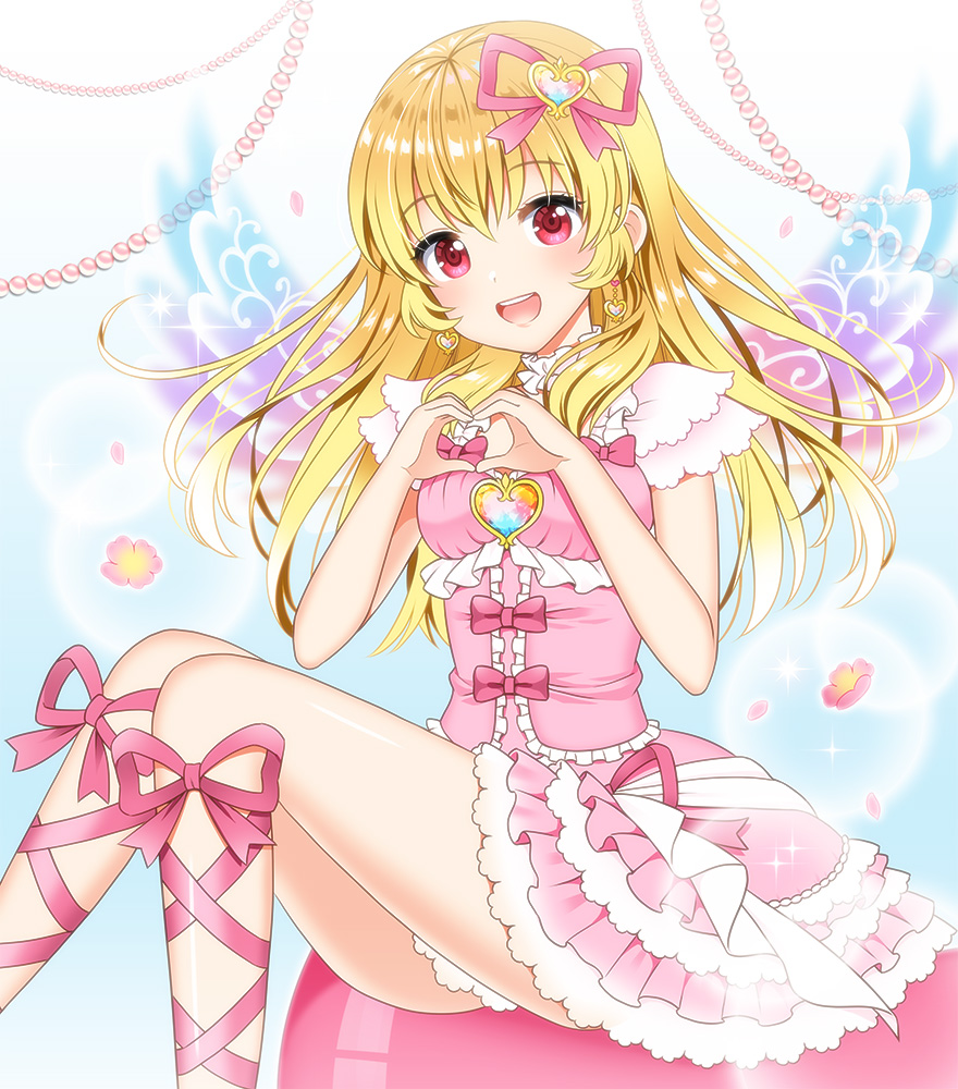 1girl aikatsu! aikatsu!_(series) bangs bare_arms blonde_hair blush bow collar detached_collar dress earrings eyebrows_visible_through_hair feet_out_of_frame flower frilled_dress frills hair_ornament hair_ribbon heart heart_hair_ornament heart_hands hoshimiya_ichigo jewelry layered_dress leg_ribbon long_hair open_mouth pink pink_bow pink_dress pink_flower pink_frills pink_ribbon pleated_dress red_eyes ribbon shiny shiny_hair sitting sleeveless sleeveless_dress solo sparkle tareme white_collar wings yuricyan