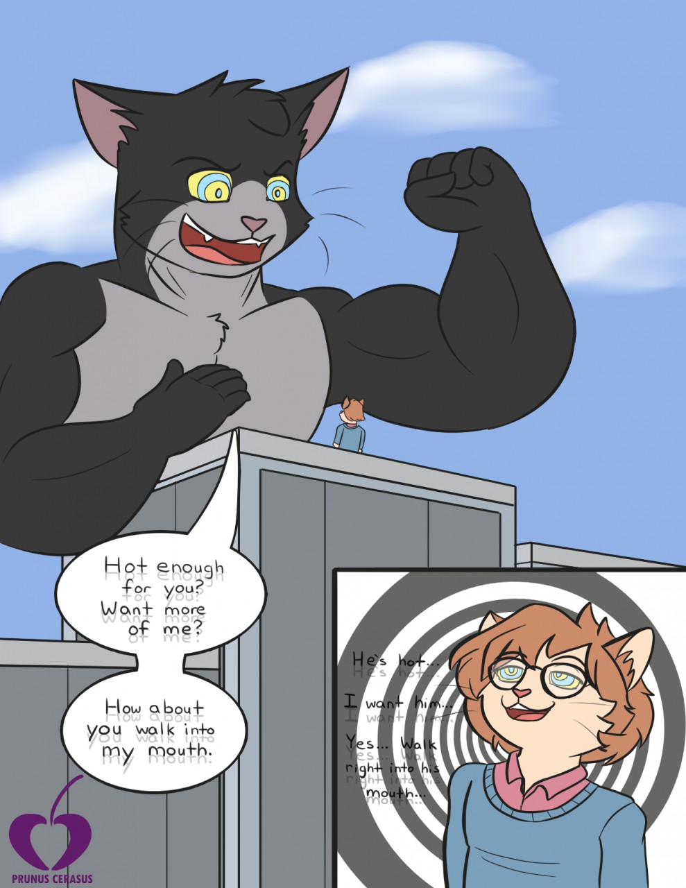 anthro building cat clothed clothing digital_media_(artwork) eyewear feline girly glasses hi_res hypnosis macro male mammal mind_control muscular muscular_male open_mouth prunuscerasus_(artist) spiral spiral_eyes text watermark