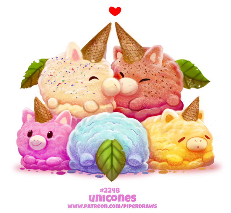 &lt;3 ambiguous_gender black_eyes cryptid-creations dessert equine eyes_closed feral food food_creature group horn humor ice_cream ice_cream_cone leaf mammal pun simple_background smile sprinkles unicorn visual_pun white_background