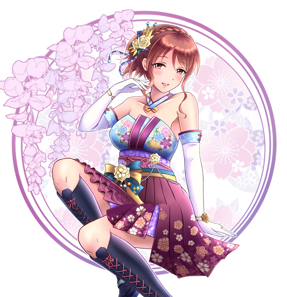 1girl :d arm_up bangs bare_shoulders black_footwear blue_kimono blush boots bracelet braid breasts collarbone commentary_request cross-laced_footwear crown_braid detached_collar elbow_gloves eyebrows_visible_through_hair feet_out_of_frame floral_background floral_print flower gloves hair_flower hair_ornament hakama idolmaster idolmaster_cinderella_girls japanese_clothes jewelry kimono knee_up lace-up_boots medium_breasts mifune_miyu mikii obi open_mouth purple_hakama ring rose sash short_ponytail sidelocks sitting smile solo strapless wavy_hair white_gloves yellow_flower yellow_rose