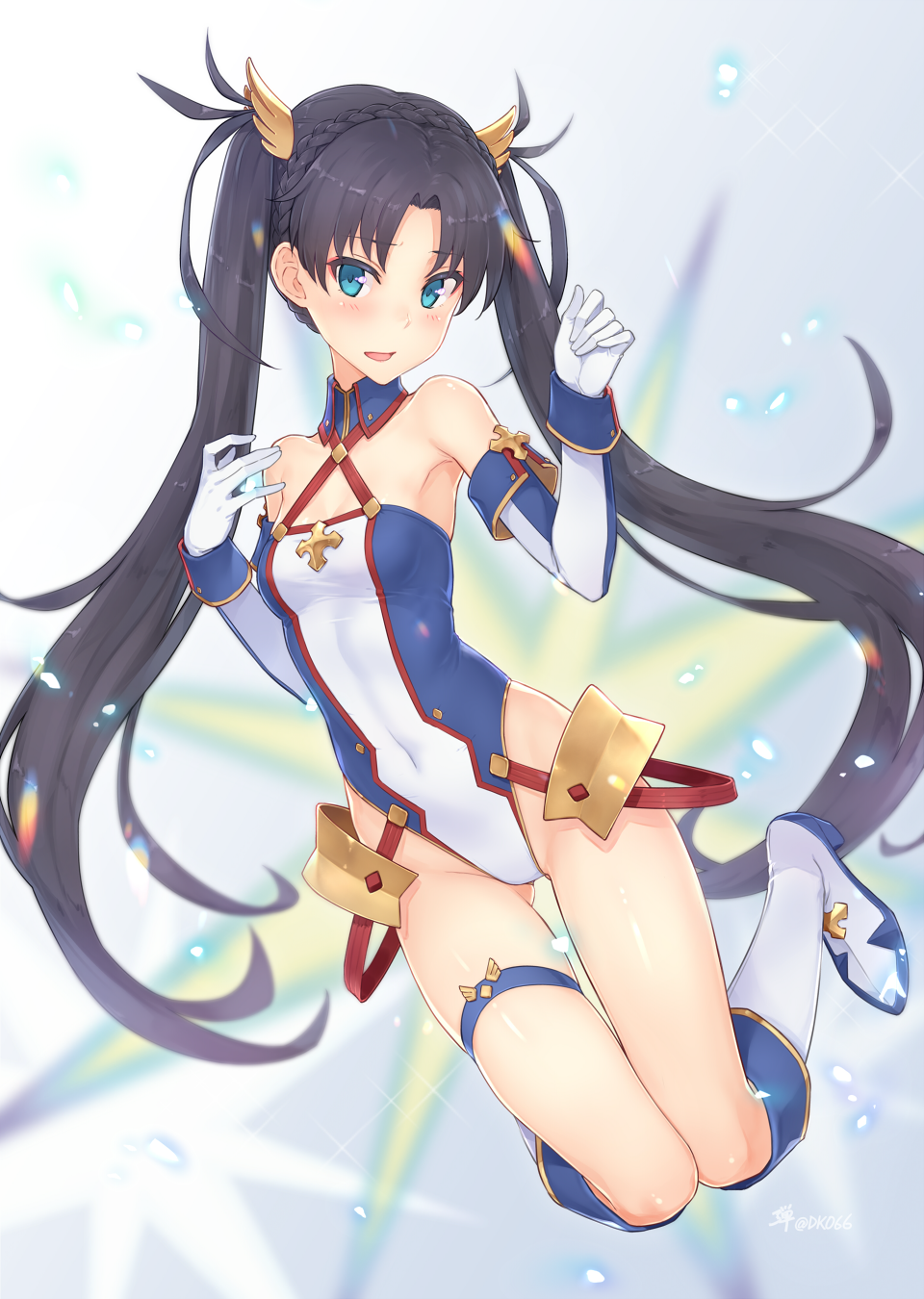 1girl bangs bare_shoulders black_hair blue_eyes blue_leotard blurry blush boots bradamante_(fate/grand_order) bradamante_(fate/grand_order)_(cosplay) braid commentary_request cosplay covered_navel dan_(kumadan) depth_of_field detached_sleeves eyeshadow fate/grand_order fate_(series) faulds full_body gloves gluteal_fold hair_ornament halterneck hands_up high_heel_boots high_heels highres knee_boots legs_up leotard long_hair long_sleeves looking_at_viewer makeup open_mouth parted_bangs solo thigh_strap thighs tohsaka_rin twintails very_long_hair white_footwear white_gloves