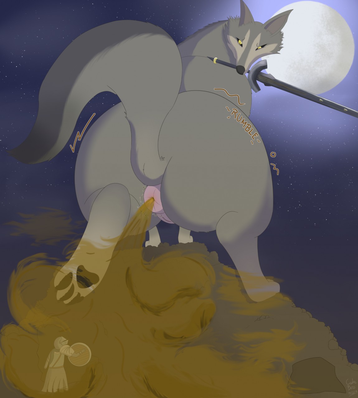 3_toes ambiguous_gender anus cakeboss canid canine canis chosen_undead claws digital_media_(artwork) duo fart female feral full_moon great_grey_wolf_sif humanoid looking_back macro mammal melee_weapon moon night pawpads puffy_anus pussy raised_tail sky star sword toe_claws toes weapon wolf