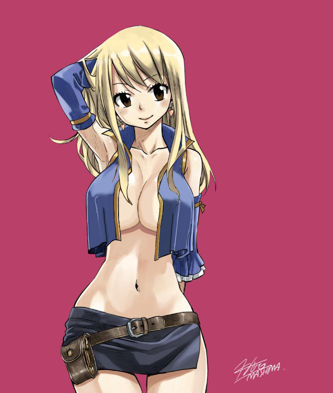 1girl blonde_hair breasts brown_eyes cleavage earrings fairy_tail jewelry large_breasts long_hair looking_at_viewer lucy_heartfilia navel no_bra solo standing tagme
