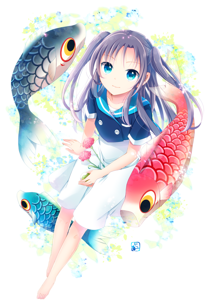 barefoot blue_eyes collarbone dress fish flower full_body goma_(11zihisin) grey_hair long_hair looking_at_viewer looking_up original pink_flower simple_background sitting solo transparent two_side_up white_background white_dress