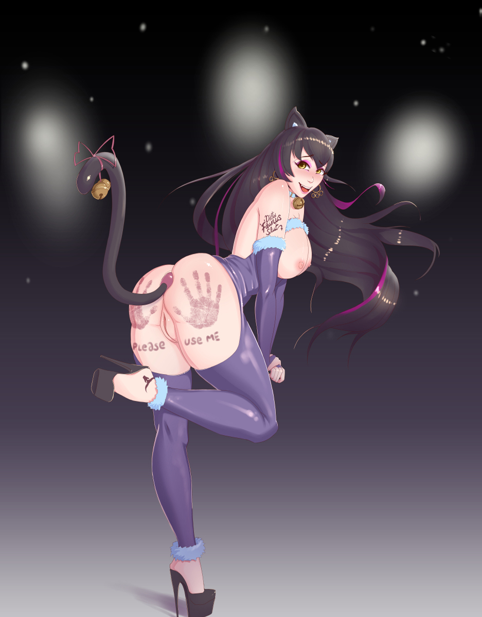 anal_insertion anal_object_insertion ass black_hair blake_belladonna body_writing breasts cat_ears cat_tail collar elbow_gloves full_body gloves gradient gradient_background hand_prints high_heels long_hair multicolored_hair nipples purple_hair pussy rwby shonomi solo stockings tail tattoo thighhighs uncensored yellow_eyes