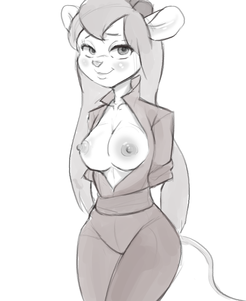 2017 anthro bedroom_eyes blush breasts chip_'n_dale_rescue_rangers clothed clothing digital_media_(artwork) disney exposed_breasts female gadget_hackwrench hair half-closed_eyes long_hair looking_at_viewer macadam mammal monochrome mouse nipples open_shirt rodent seductive smile solo standing