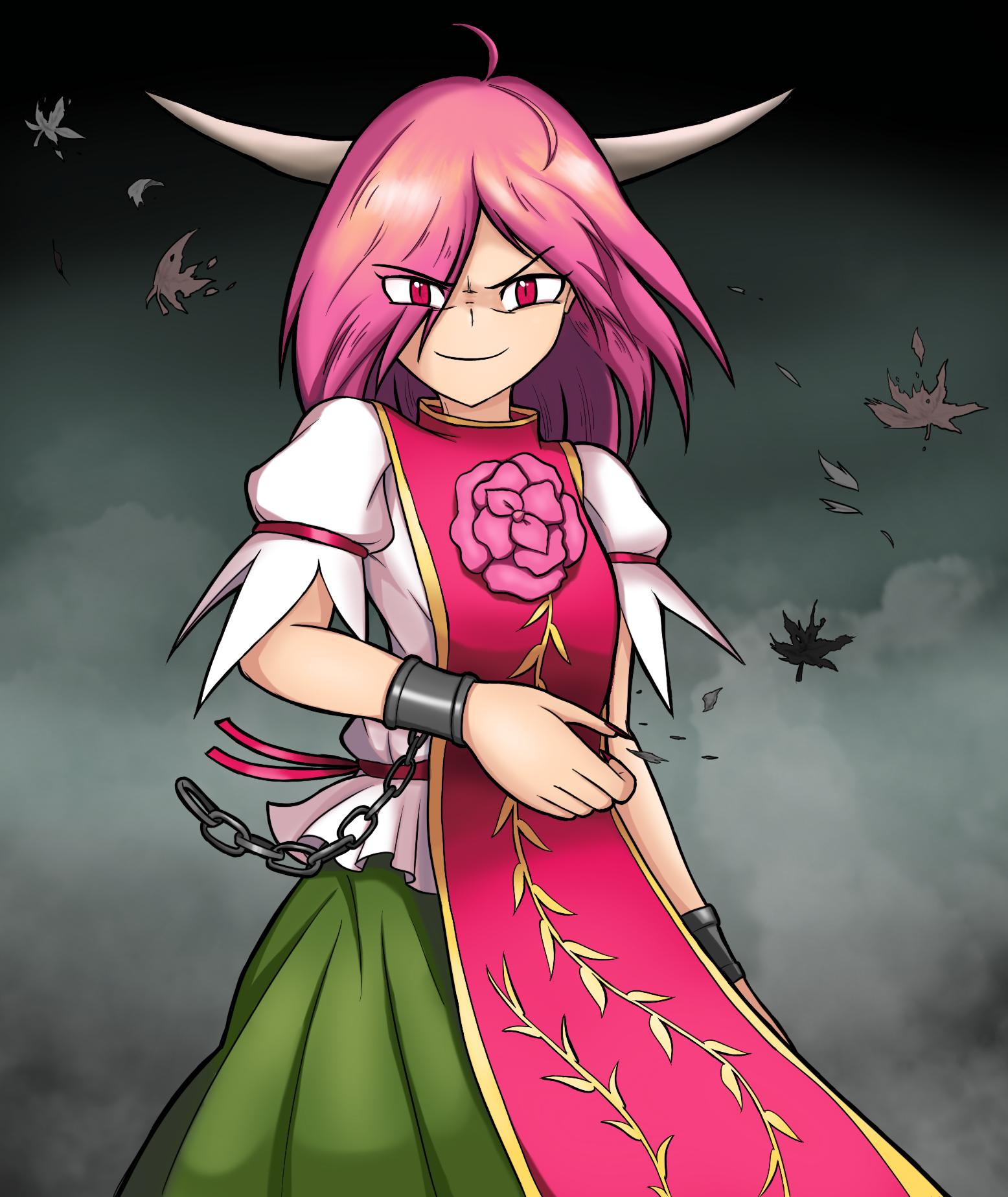 &gt;:) 1girl ahoge blouse chains cowboy_shot cuffs dark_background eyebrows_visible_through_hair eyes_visible_through_hair fingernails flower giantcavemushroom highres horns ibaraki_douji's_arm looking_at_viewer medium_hair pink_hair puffy_short_sleeves puffy_sleeves red_eyes rose shackles sharp_fingernails short_sleeves skirt slit_pupils smug solo spoilers tabard touhou v-shaped_eyebrows wild_and_horned_hermit