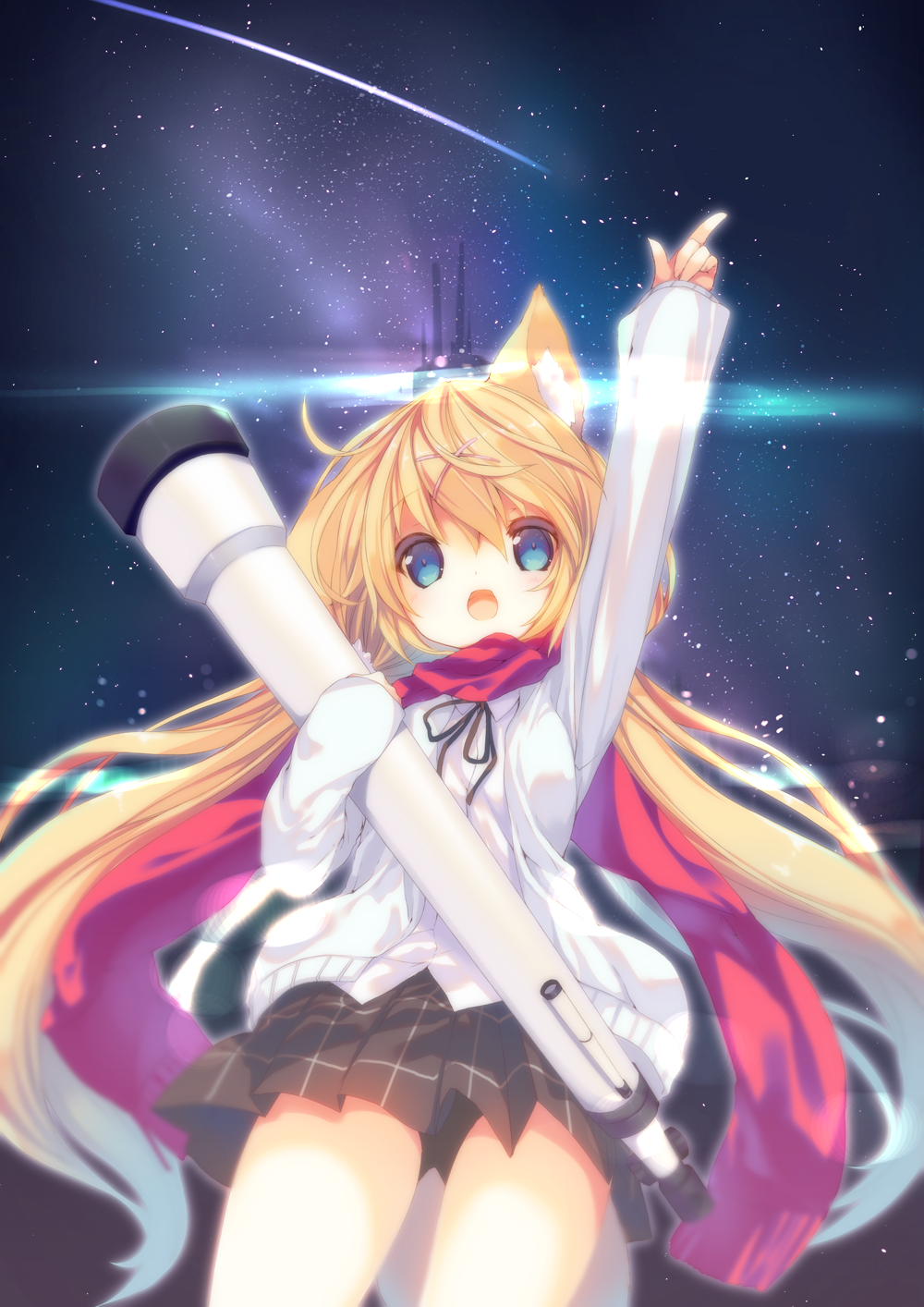 animal_ear_fluff animal_ears bad_id bad_pixiv_id blonde_hair blue_eyes blush falling_star fox_ears hair_ornament highres long_hair looking_at_viewer night night_sky open_mouth original p19 pointing pointing_up red_scarf scarf shirt skirt sky solo star_(sky) starry_sky telescope