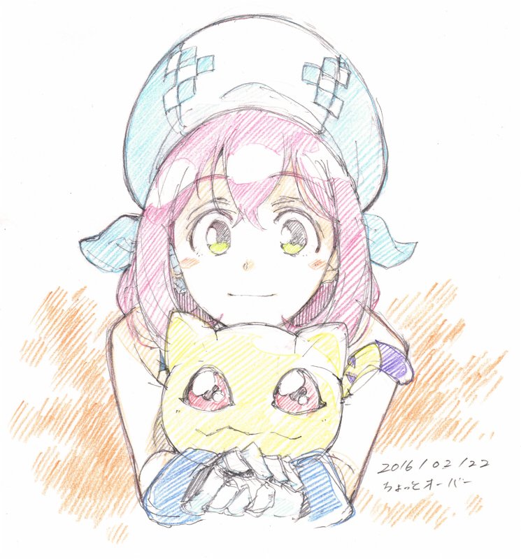 beret blush commentary_request creature dated digimon digimon_linkz gloves green_eyes hat holding kurihara_hina microphone nyaromon pink_hair red_eyes smile t-okada traditional_media white_gloves